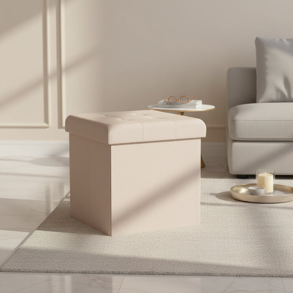 Ornavo Home Foldable Tufted Linen 15 Inch Square Cube Storage Ottoman, Perfect for Dorm, Bedroom and Living Room