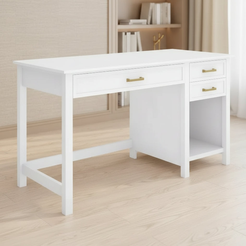 Martha Stewart Hutton Shaker Style Home Office Desk with 2 Side Drawers in White with Polished Brass Hardware