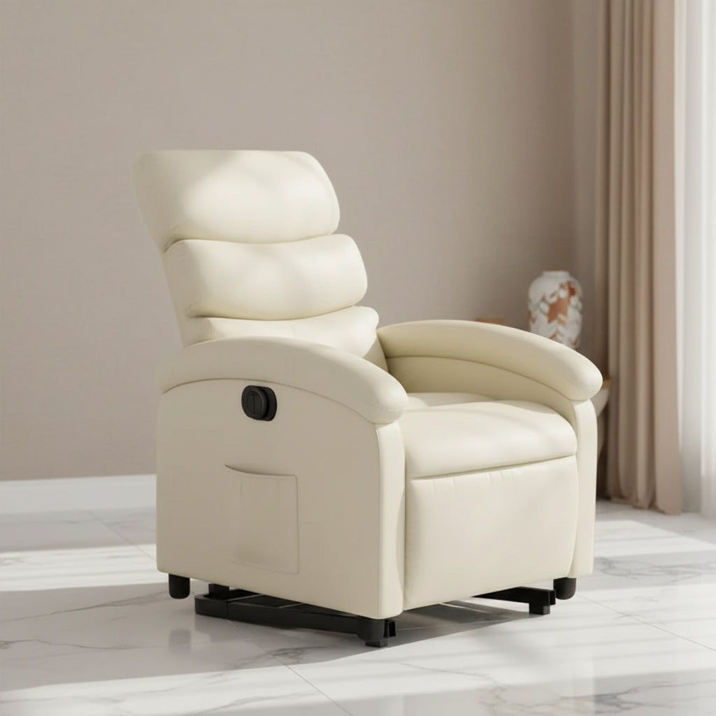 vidaXL Electric Recliner/Lift Chair in Cream Faux Leather - Motorized Armchair with Power Lift/Recline, Side Pocket, Stable Frame for Elderly