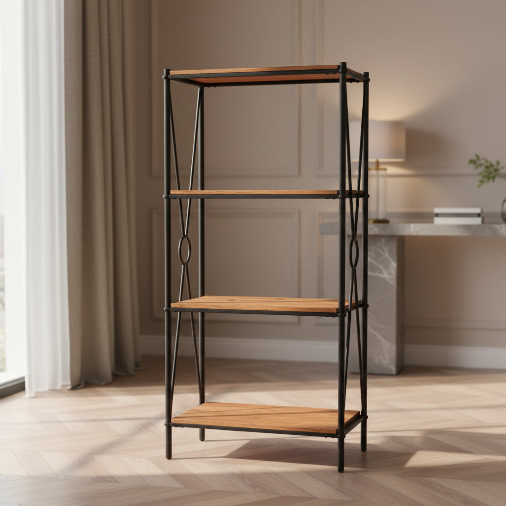 Storied Home Saratoga Rustic Solid Wood and Metal 4 Shelf Open Storage Bookshelf, Warm Walnut Finish