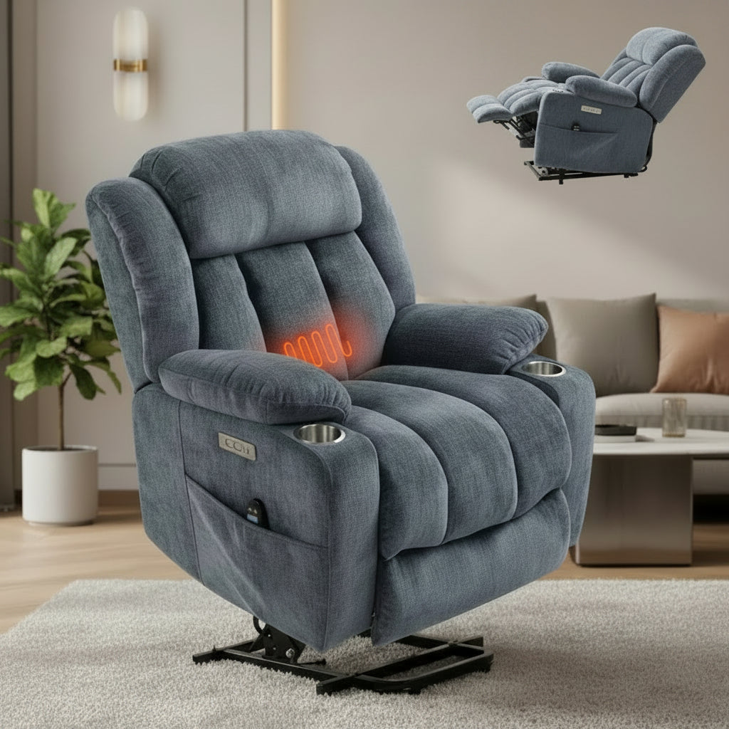 CLIHOME Chenille Power Lift Recliner Chair, Heavy Duty Motion Mechanism with 8-Point Vibration Massage and Lumbar Heating, USB and Type-C Ports