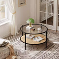 30 Rattan Coffee Table, 2 Tier Wooden Round Center Table with Tempered Glass Top, Farmhouse Cocktail Tea Table for Living Room Bedroom Office