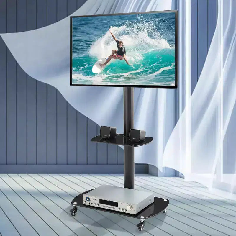 Height & Angle Adjustable TV Stand with Lockable Wheels & Glass Shelves, Mobile LCD/Plasma TV Bracket for TVs from 32 to 65, Black - ModernLuxe