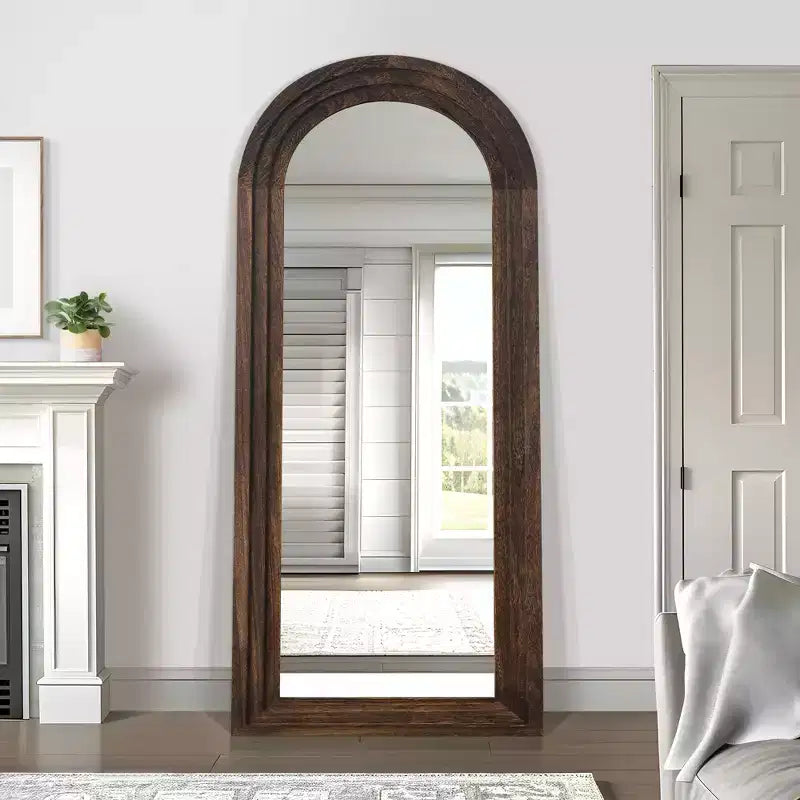 PexFix 31 in. W x 71 in. H Classic Arched Solid Wood Framed Mirror in Brown