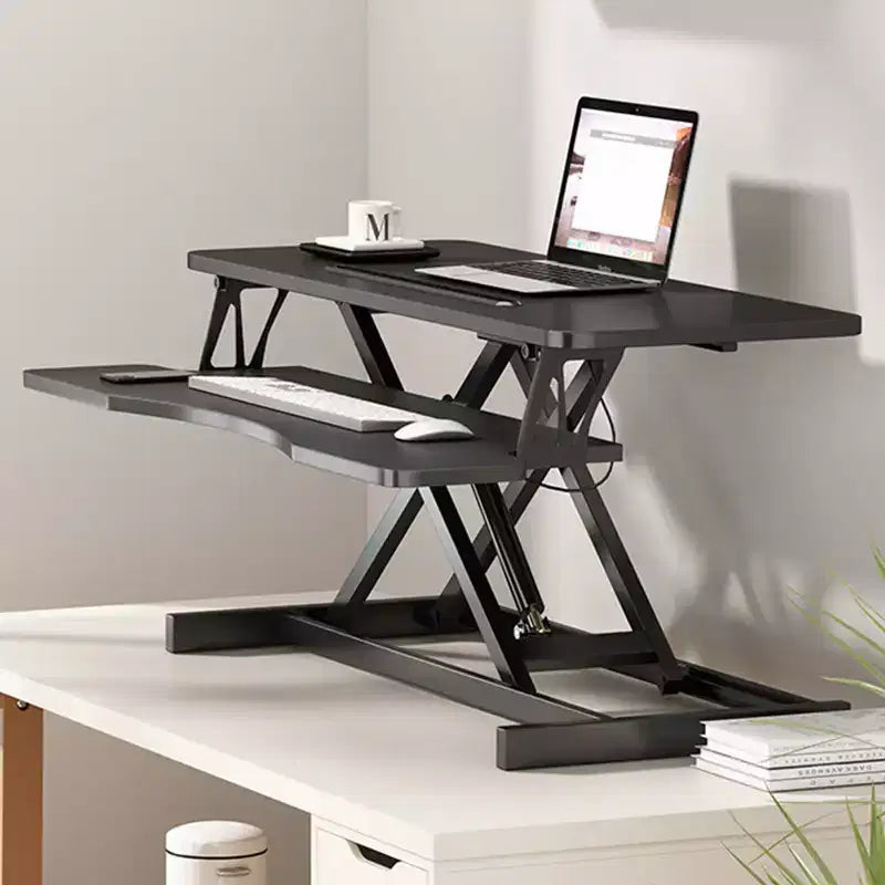 GDFStudio Hardy 32 W Adjustable Height Wood and Metal 2-Tier Monitor Risers Stand with Keyboard Tray