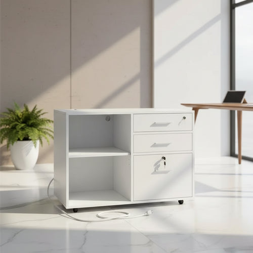 VEVOR 3 Drawer Wooden File Cabinet, Mobile Filing Cabinet with Light Strip, Lockable Rolling File Storage with Adjustable Shelves & 5 Wheels, White