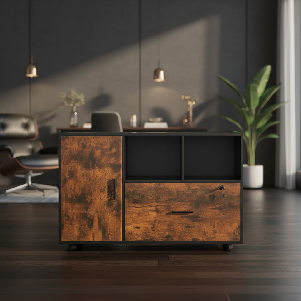 VEVOR Wood File Cabinet, Mobile Filing Cabinet with Open Shelves, Lockable Lateral Rolling File Storage with Adjustable Shelves, Brown&Black
