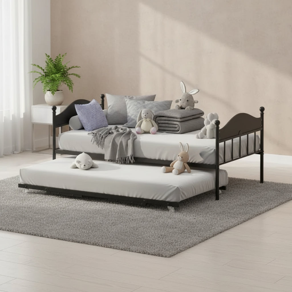 Daybed with Trundle, Metal Twin Size Day Bed with Stylish Headboard, Sofa BedFrame with Pop Up Foldable Trundle Bed, Heavy Duty Steel Slats Platform