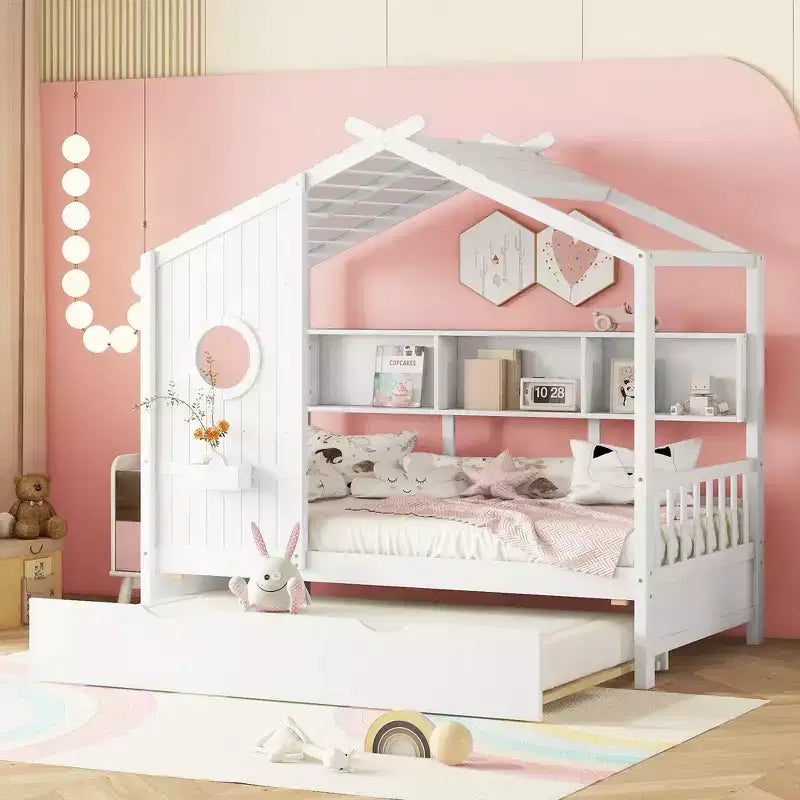 Letto a capanna a una piazza e mezza con letto estraibile – Stile casetta da gioco per bambini
