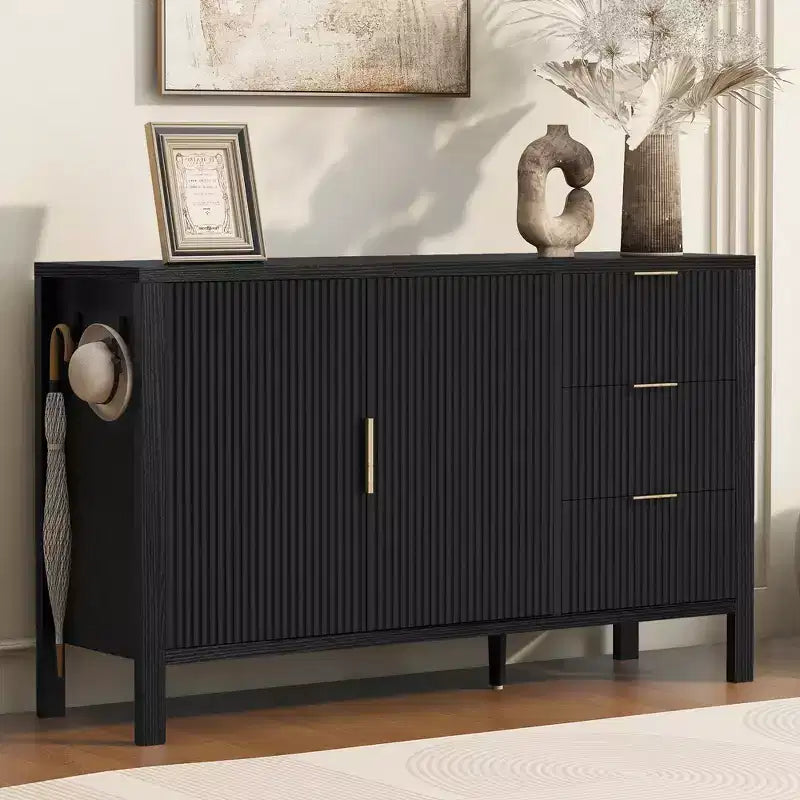 Wooden Buffet Cabinet, Wave-Pattern Sideboard with 3 Drawers & Hooks, Storage Cabinet Cupboard - ModernLuxe