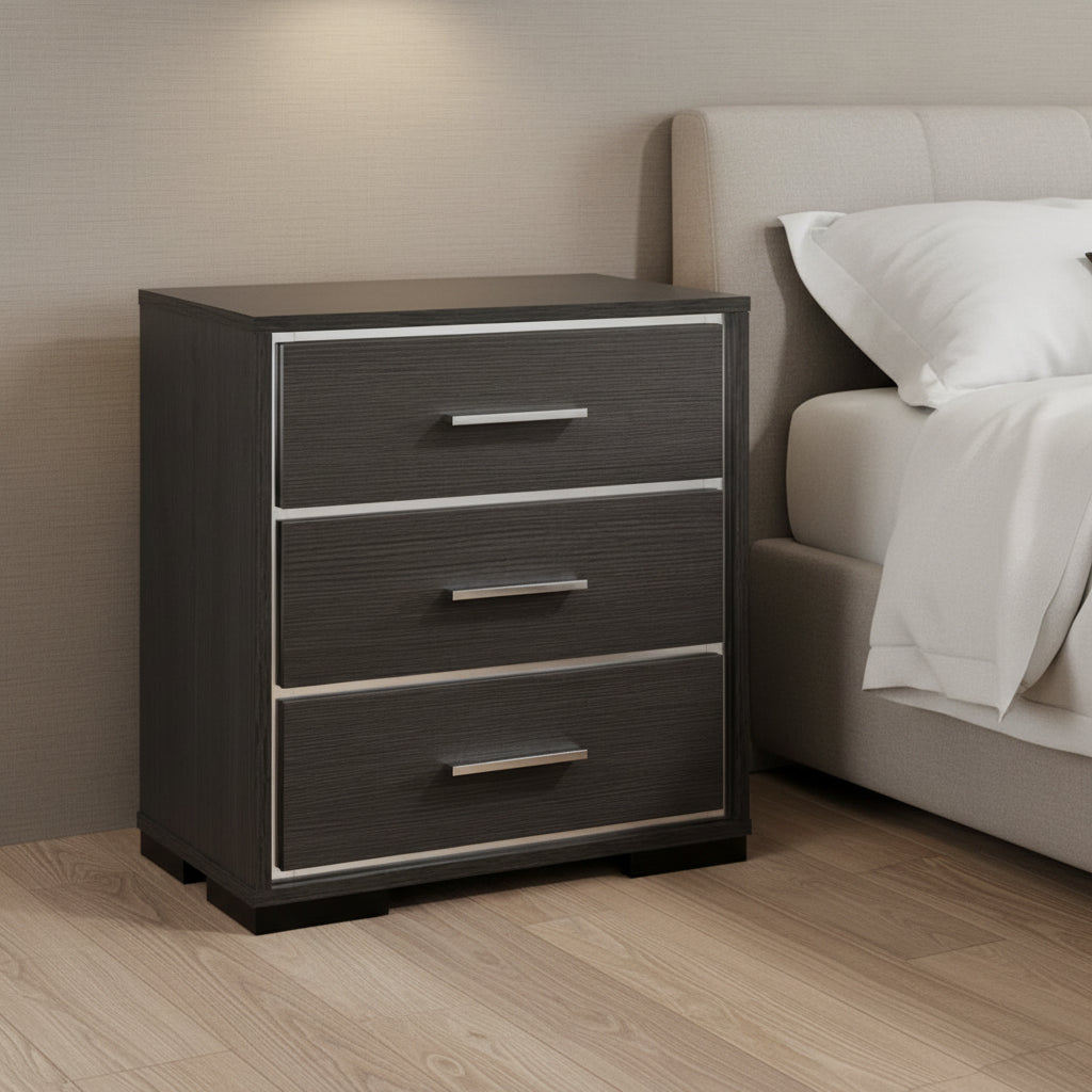 Royal Hampton Style Three Drawers Wooden Nightstand with Bar Handles, Dark Gray