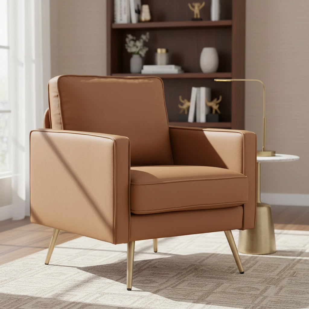 VINGLI Modern PU Leather Accent Chair , Comfy Chair Arm Chair Reading Chair with Metal Legs and Deep Seat for Office,Apartment,Small Space,Cognac